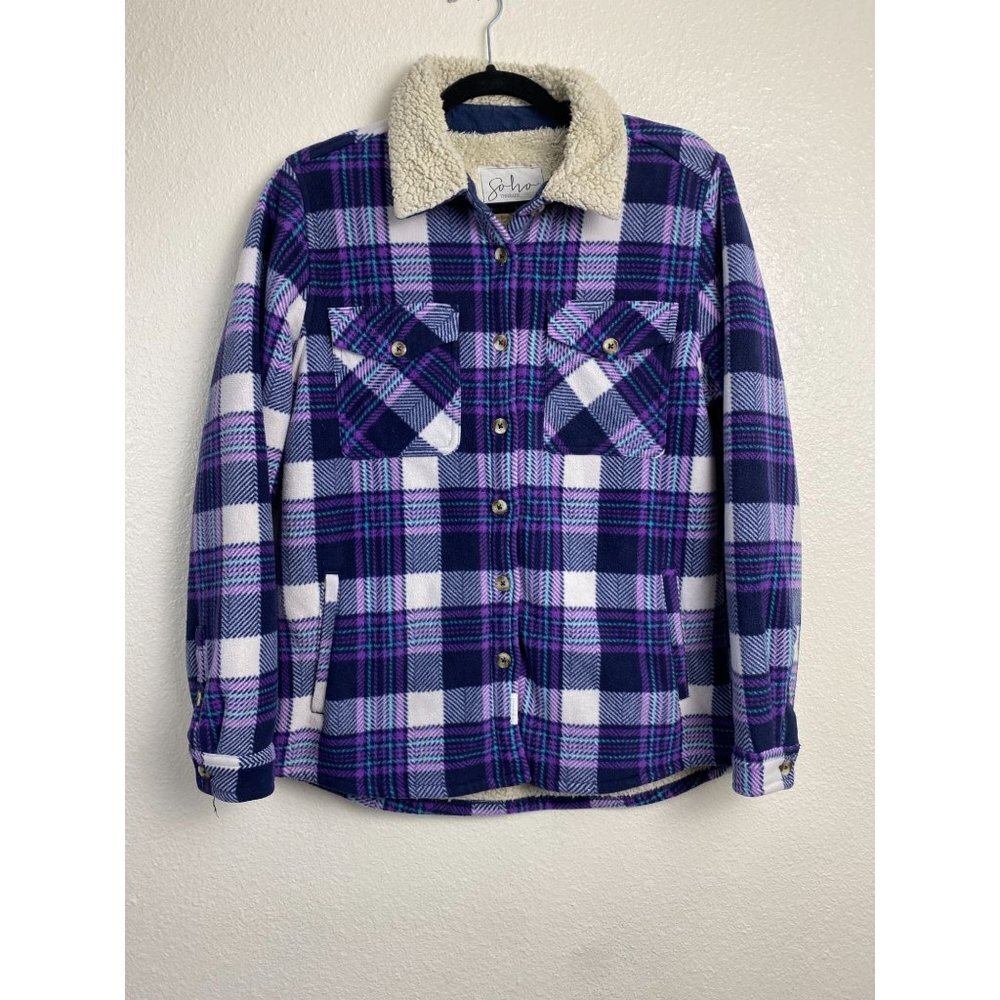 Soho Threads Purple Plaid Shacket Womens size Small Cozy Button front Pockets